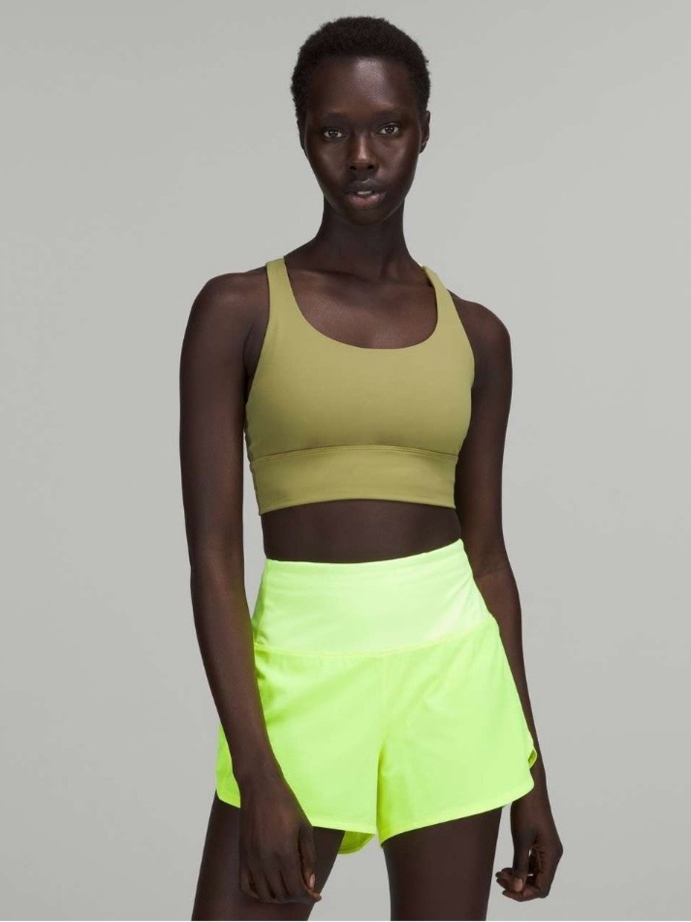 Lululemon Energy Longline Bra B-D cup Bronze Green/ Electric Lemon